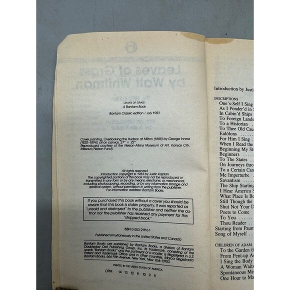 Leaves of Grass book paperback 1983 english Bantam 470pgs Walt Whitman READ - Picture 6 of 6
